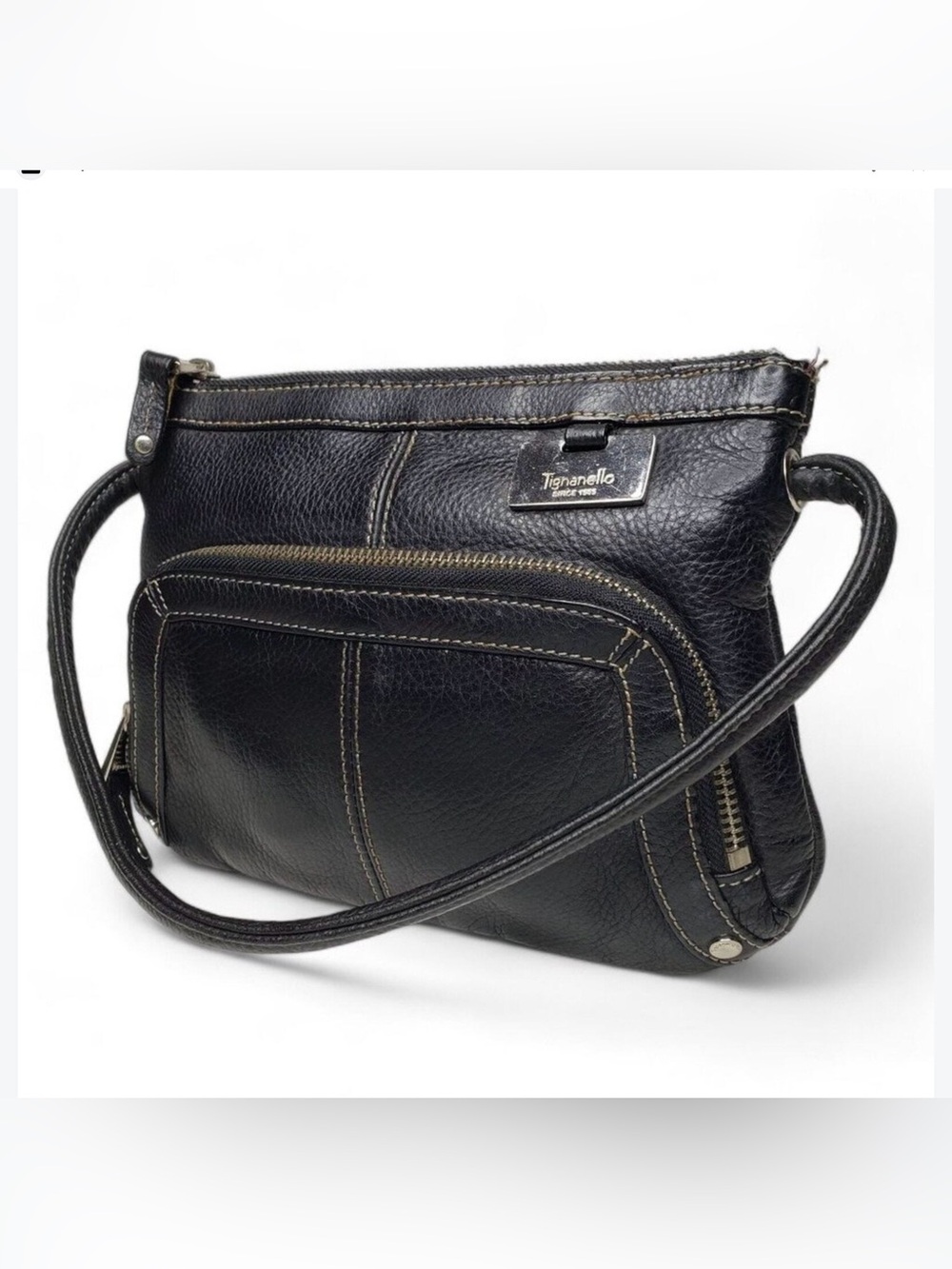Tignanello Black Leather Crossbody with Front Zip Pocket